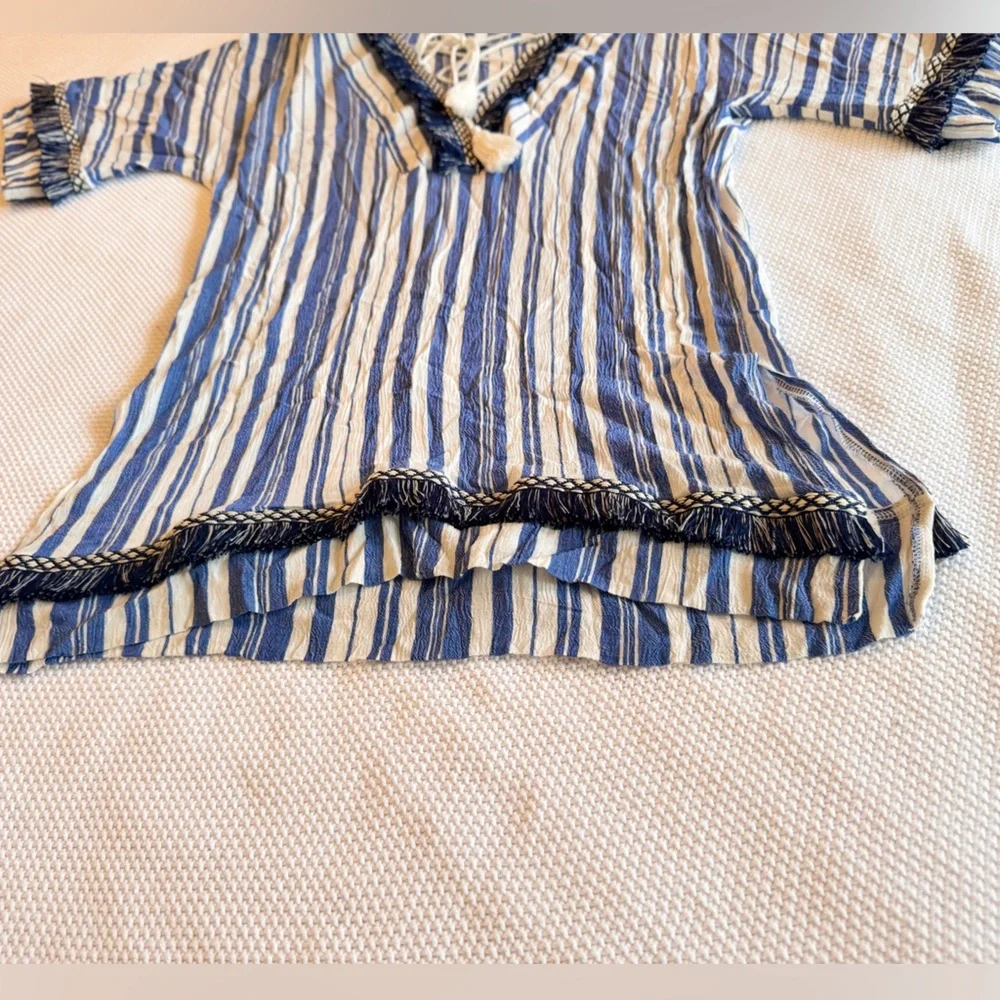 VELZERA Boho Blue & White Striped Mini Dress w Fringe Trim or Swim Coverup